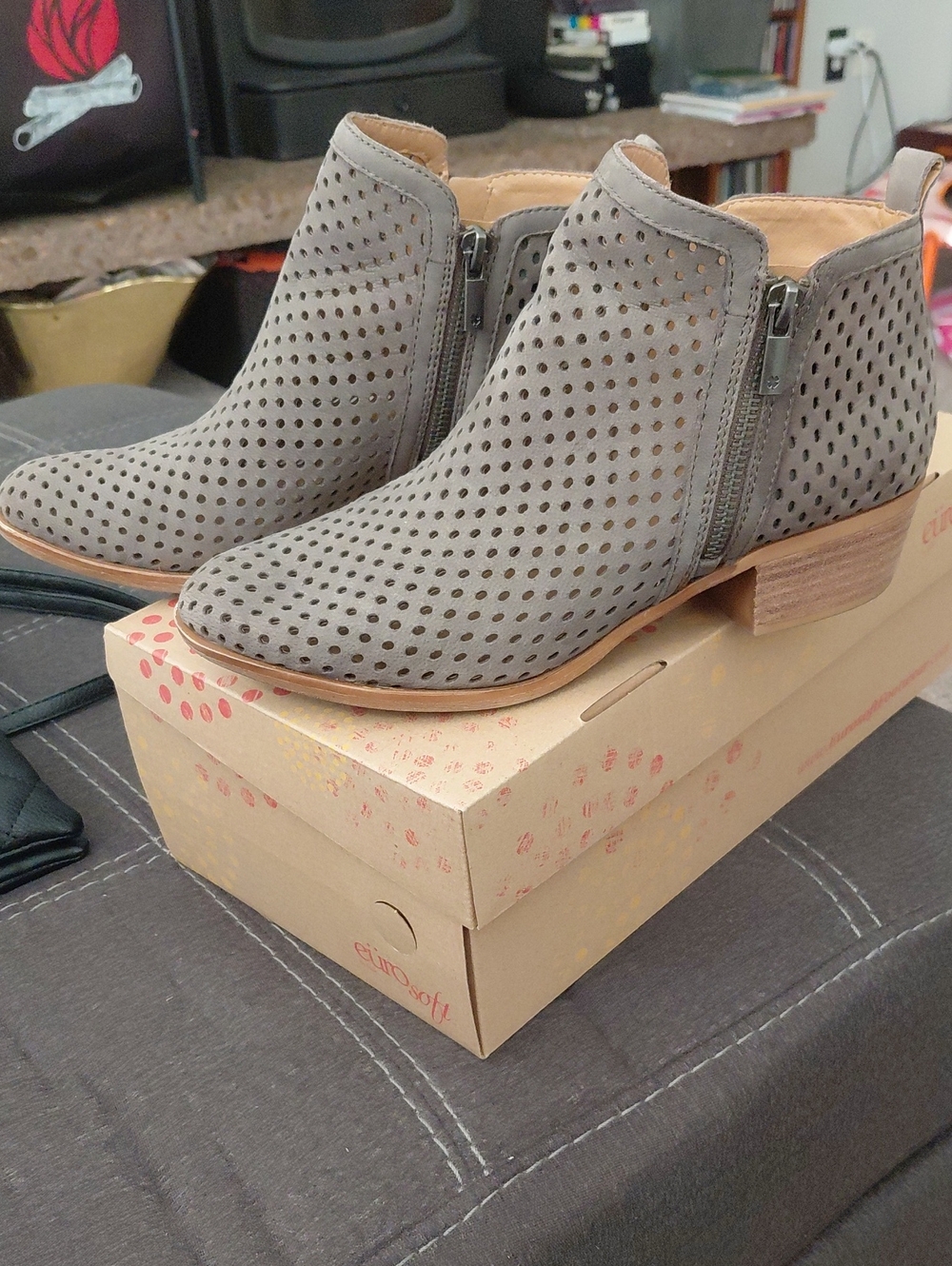 Lucky Brand Perforated Suede Ankle Booties in Light Gray